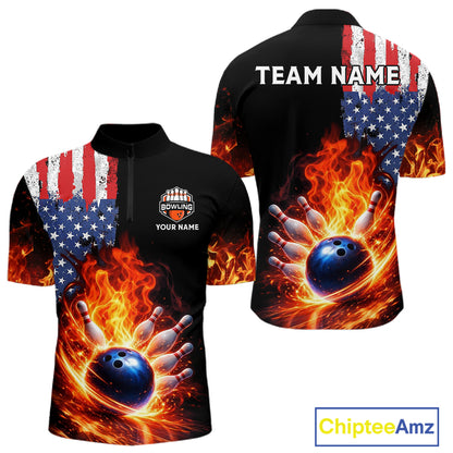 American Flag Flame bowling polo, quarter zip shirts for Men Custom patriotic team bowling jerseys NQS11432