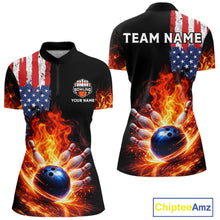 Load image into Gallery viewer, American Flag Flame bowling polo, quarter zip shirts for Women Custom patriotic team bowling jerseys NQS11432