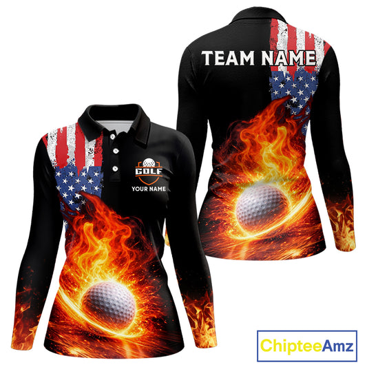 American Flag Flame Golf Polo shirts for Women Custom patriotic team Golf jerseys, ladies golf outfit NQS11433
