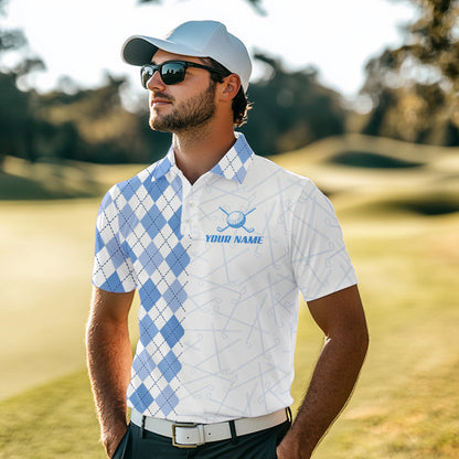 Blue argyle pattern Mens golf polo shirts custom peace love golf team jerseys, golf attire for men NQS9506