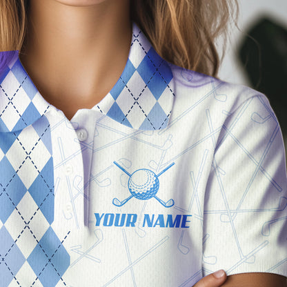 Blue argyle pattern Women Golf Polo Shirt custom peace love golf team jerseys, golf attire for women NQS9506