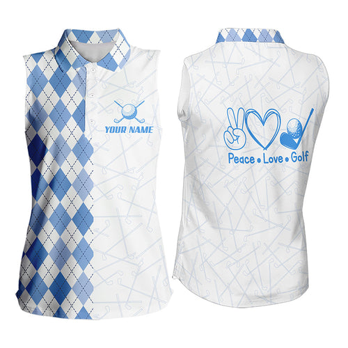 Blue argyle pattern Women Sleeveless polo shirt custom peace love golf jersey, ladies golf attire NQS9506
