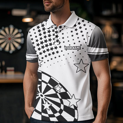 Personalized Black and White Stars Darts Polo, Quarter Zip Shirt For Men Custom Dart Team Jerseys NQS9511
