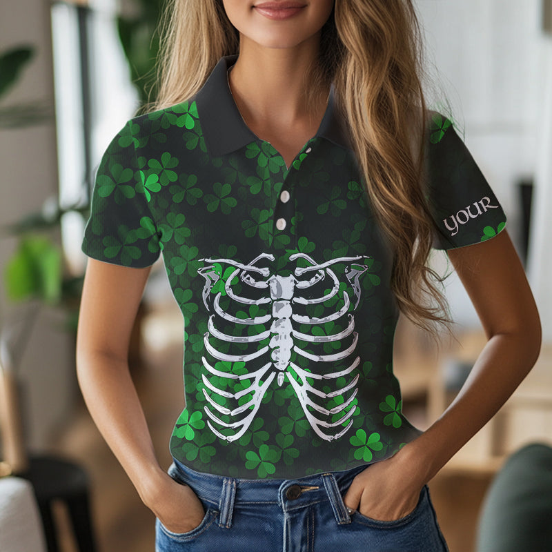 Green shamrock pattern Skeleton Women golf polo shirt custom St Patrick Day golf attire for ladies NQS9513
