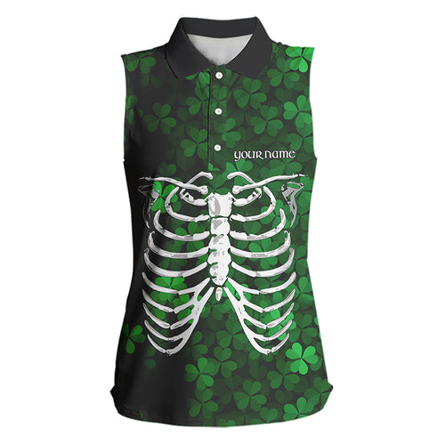 Green shamrock pattern Skeleton Women Sleeveless polo shirt custom St Patrick Day women golf attire NQS9513
