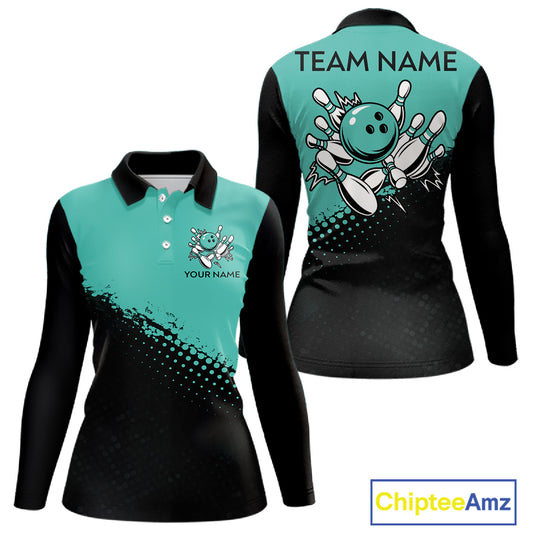 Black and Turquoise Retro Bowling Shirts For Women, Vintage Team Bowling Shirts Custom NQS11635