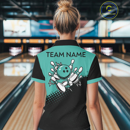 Black and Turquoise Retro Bowling Shirts For Women, Vintage Team Bowling Shirts Custom NQS11635