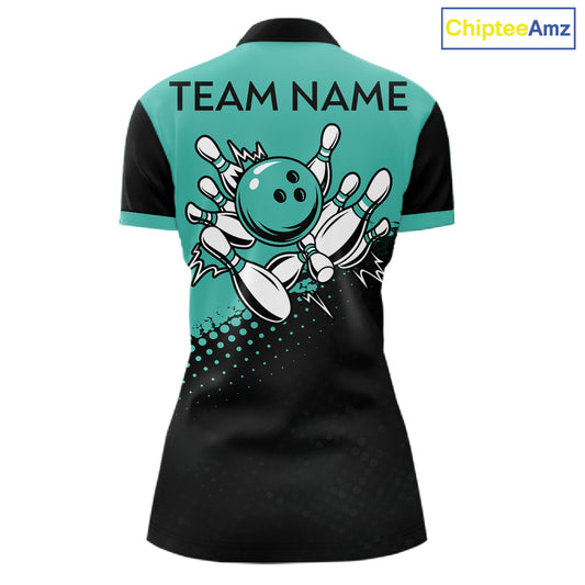Black and Turquoise Retro Bowling Shirts For Women, Vintage Team Bowling Shirts Custom NQS11635