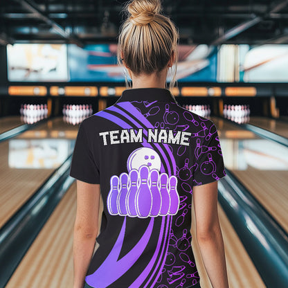 Black Women bowling shirts Custom Purple neon team league bowling jerseys, gifts for bowlers NQS9667