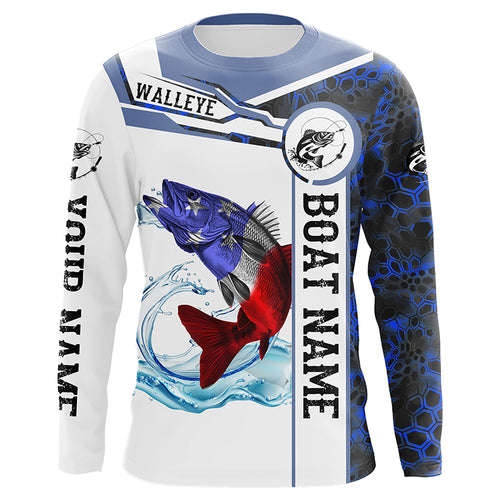 Walleye Fishing blue camo American Flag Custom name & boat name performance Long Sleeve Fishing Shirts NQS3457