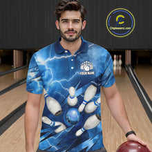 Load image into Gallery viewer, Blue Lightning Thunder Bowling Shirts For Men Custom Bowling Team League Jersey, Gift For Bowlers NQS10860