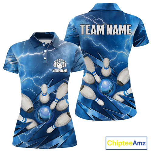 Blue Lightning Thunder Bowling Shirts For Women Custom Bowling Team League Jersey, Gift For Bowlers NQS10860