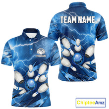 Load image into Gallery viewer, Blue Lightning Thunder Bowling Shirts For Men Custom Bowling Team League Jersey, Gift For Bowlers NQS10860
