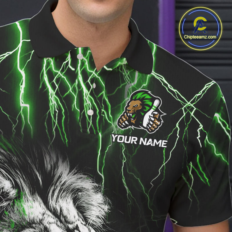 Black and Green Lightning Thunder Lion Bowling Shirt For Men Custom Lion Bowling Team Jerseys NQS11044