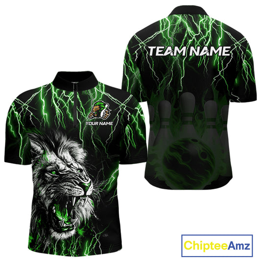 Black and Green Lightning Thunder Lion Bowling Shirt For Men Custom Lion Bowling Team Jerseys NQS11044