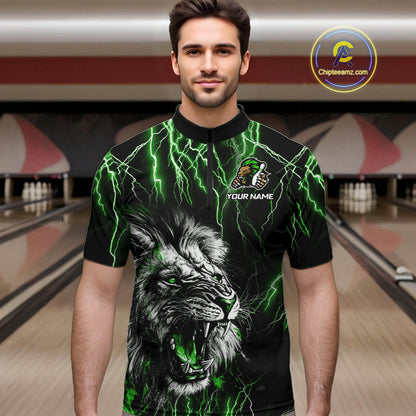 Black and Green Lightning Thunder Lion Bowling Shirt For Men Custom Lion Bowling Team Jerseys NQS11044