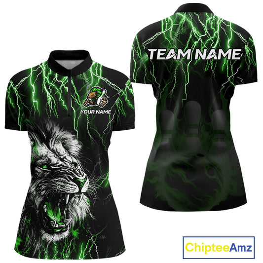 Black and Green Lightning Thunder Lion Bowling Shirt For Women Custom Lion Bowling Team Jerseys NQS11044