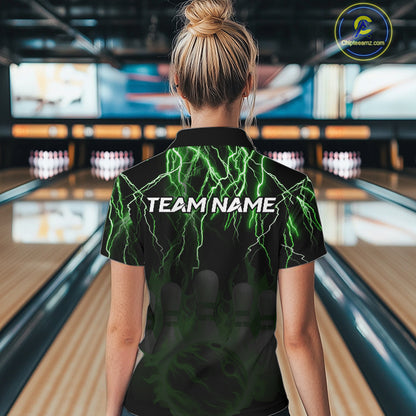 Black and Green Lightning Thunder Lion Bowling Shirt For Women Custom Lion Bowling Team Jerseys NQS11044