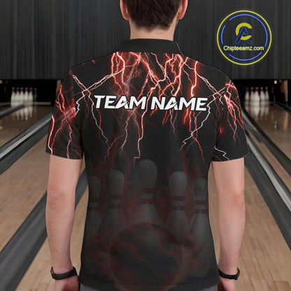 Black and Red Lightning Thunder Lion Bowling Shirt For Men Custom Lion Bowling Team Jerseys NQS11046