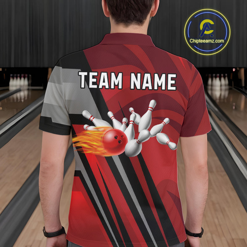Red Camo Flame Bowling Polo, Quarter Zip Shirts For Men Custom Team Jerseys bowling outfits for men NQS11048