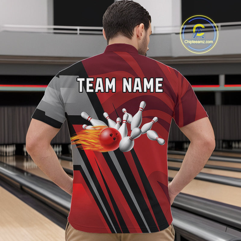Red Camo Flame Bowling Polo, Quarter Zip Shirts For Men Custom Team Jerseys bowling outfits for men NQS11048