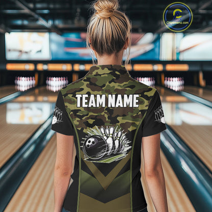 Black green camo Womens polo, quarter Zip bowling shirts Custom bowling team league jerseys NQS11050