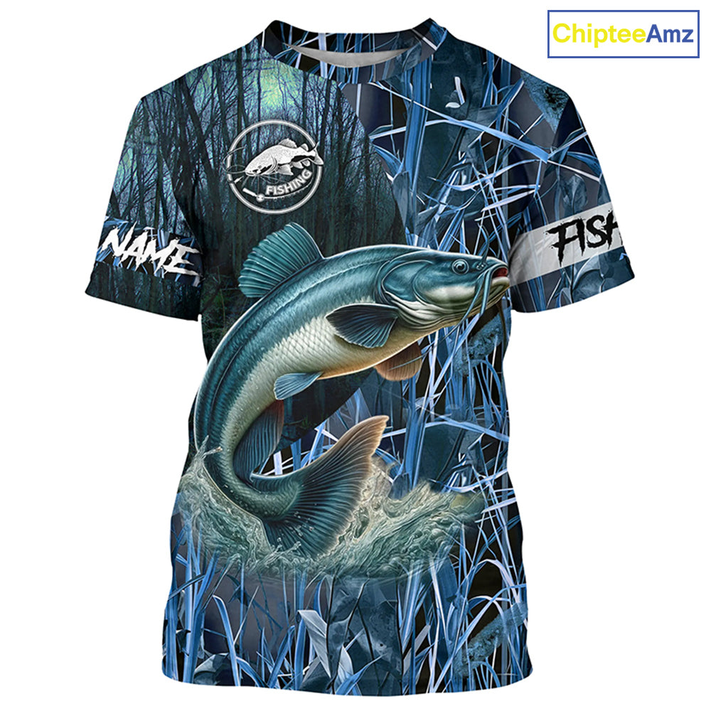 Catfish fishing blue camouflage fishing clothing Custom UV protection performance fishing shirt NQS2614