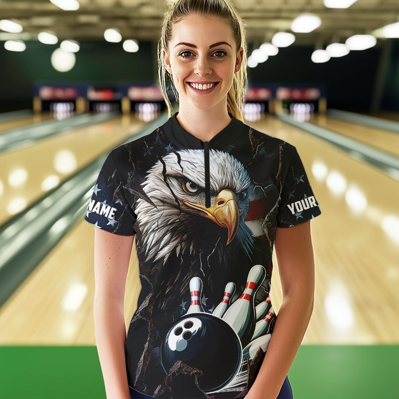 Personalized Eagle American flag Bowling Team Shirts For Women Custom Patriotic Bowling League Jersey NQS9520