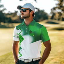 Load image into Gallery viewer, Mens golf polo shirt custom name white and green shamrock St Patrick day golf shirts, golfing gifts NQS9676