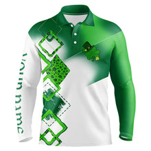 Load image into Gallery viewer, Mens golf polo shirt custom name white and green shamrock St Patrick day golf shirts, golfing gifts NQS9676