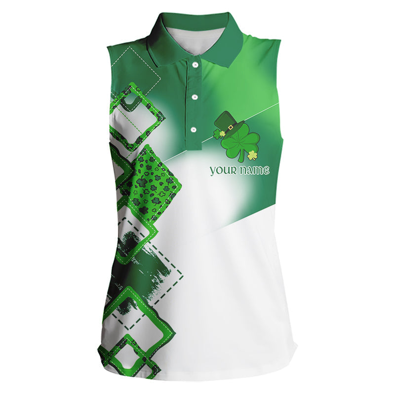 Women Sleeveless polo shirt custom white and green shamrock St Patrick day golf shirts, golfing gifts NQS9676