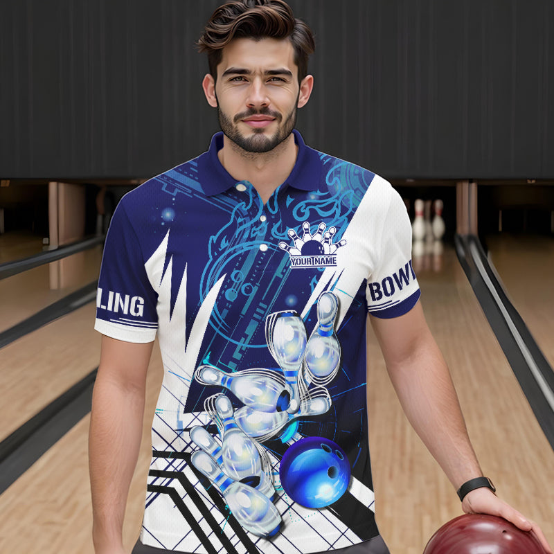 Blue and White Custom Flame Bowling Polo, Quarter-Zip Shirts For Men, Team Bowling League Jersey NQS9679