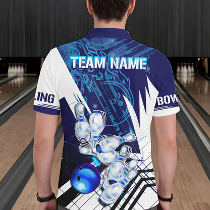Blue and White Custom Flame Bowling Polo, Quarter-Zip Shirts For Men, Team Bowling League Jersey NQS9679