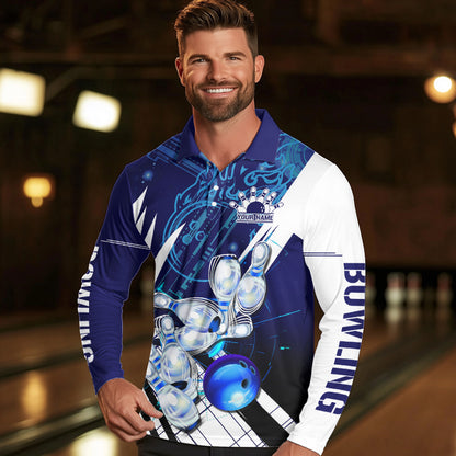 Blue and White Custom Flame Bowling Polo, Quarter-Zip Shirts For Men, Team Bowling League Jersey NQS9679