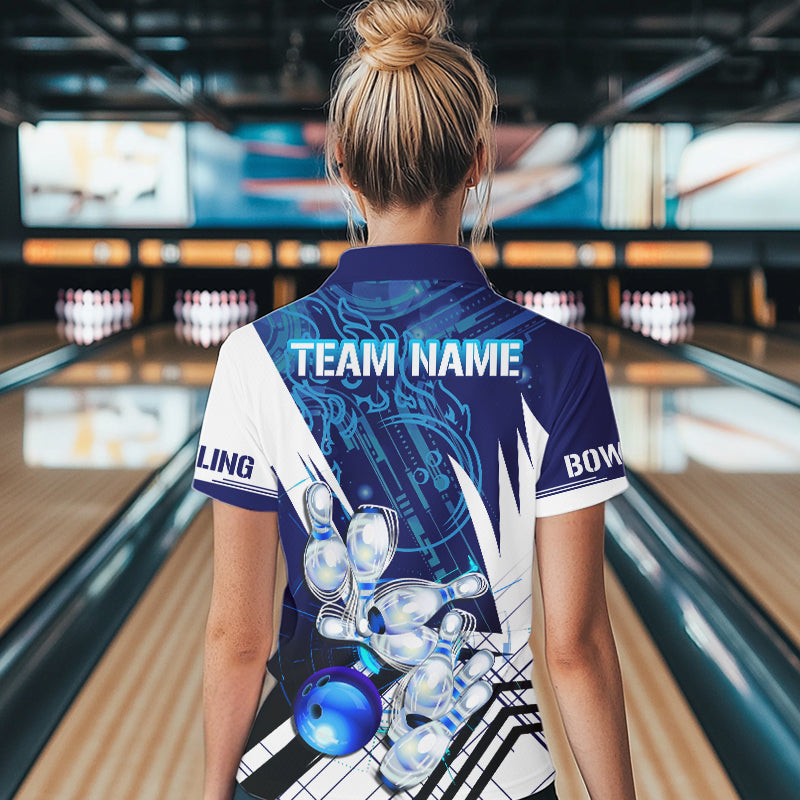 Blue and White Custom Flame Bowling Polo, Quarter-Zip Shirts For Women, Team Bowling League Jersey NQS9679