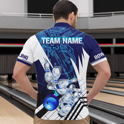 Blue and White Custom Flame Bowling Polo, Quarter-Zip Shirts For Men, Team Bowling League Jersey NQS9679