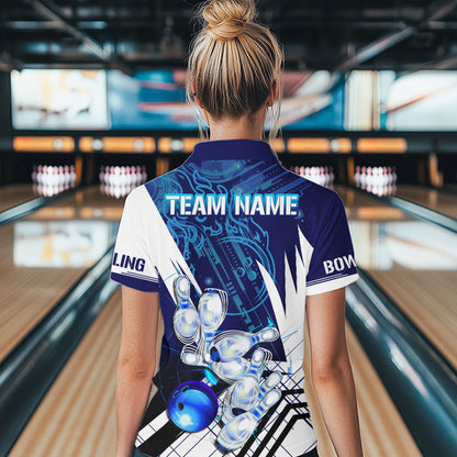 Blue and White Custom Flame Bowling Polo, Quarter-Zip Shirts For Women, Team Bowling League Jersey NQS9679
