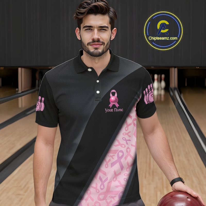 Black and Pink Ribbon Breast cancer Bowling Polo, 1/4 Zip Shirt for Men Custom Bowling Team Jersey NQS9961