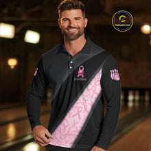 Load image into Gallery viewer, Black and Pink Ribbon Breast cancer Bowling Polo, 1/4 Zip Shirt for Men Custom Bowling Team Jersey NQS9961
