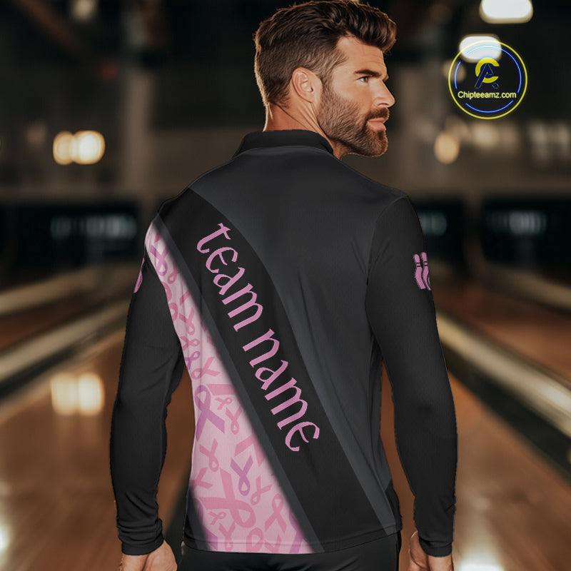Black and Pink Ribbon Breast cancer Bowling Polo, 1/4 Zip Shirt for Men Custom Bowling Team Jersey NQS9961
