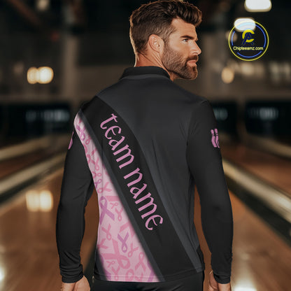 Black and Pink Ribbon Breast cancer Bowling Polo, 1/4 Zip Shirt for Men Custom Bowling Team Jersey NQS9961