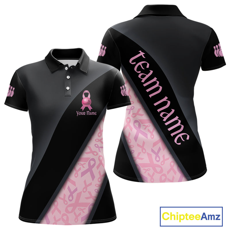 Black and Pink Ribbon Breast cancer Bowling Polo, 1/4 Zip Shirt for Women Custom Bowling Team Jersey NQS9961