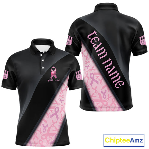 Black and Pink Ribbon Breast cancer Bowling Polo, 1/4 Zip Shirt for Men Custom Bowling Team Jersey NQS9961
