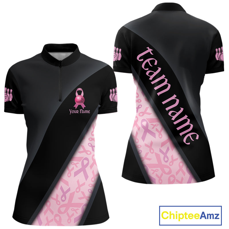 Black and Pink Ribbon Breast cancer Bowling Polo, 1/4 Zip Shirt for Women Custom Bowling Team Jersey NQS9961
