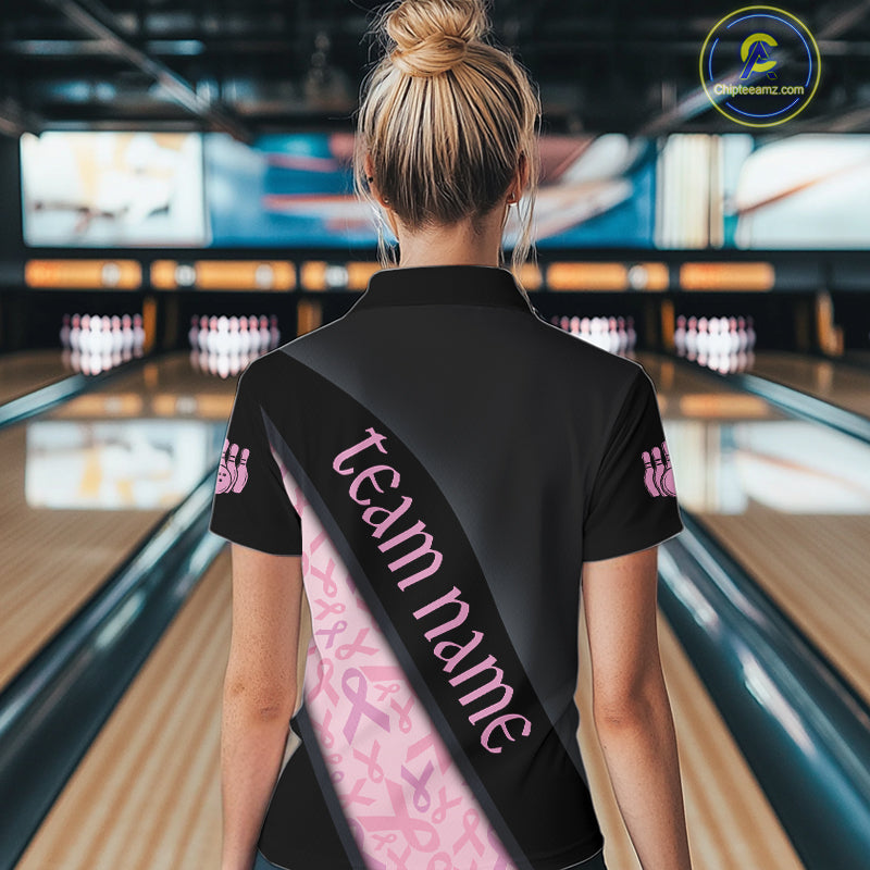Black and Pink Ribbon Breast cancer Bowling Polo, 1/4 Zip Shirt for Women Custom Bowling Team Jersey NQS9961