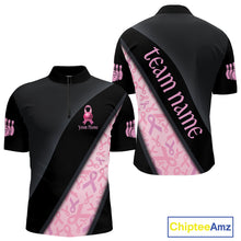 Load image into Gallery viewer, Black and Pink Ribbon Breast cancer Bowling Polo, 1/4 Zip Shirt for Men Custom Bowling Team Jersey NQS9961