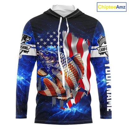 Carp Fishing blue galaxy 3D American Flag patriotic Customize name All over print fishing shirts NQS449