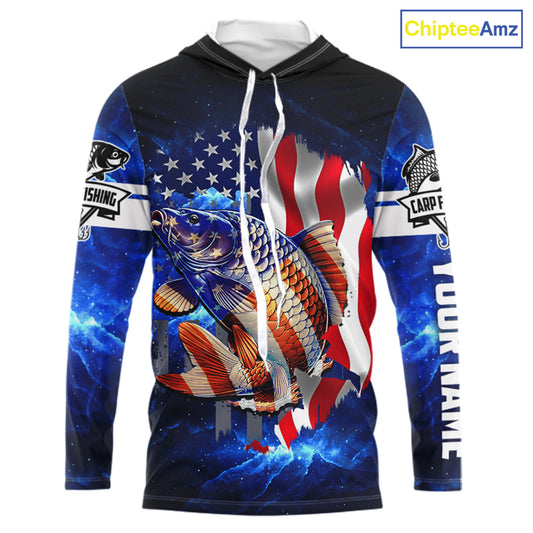 Carp Fishing blue galaxy 3D American Flag patriotic Customize name All over print fishing shirts NQS449