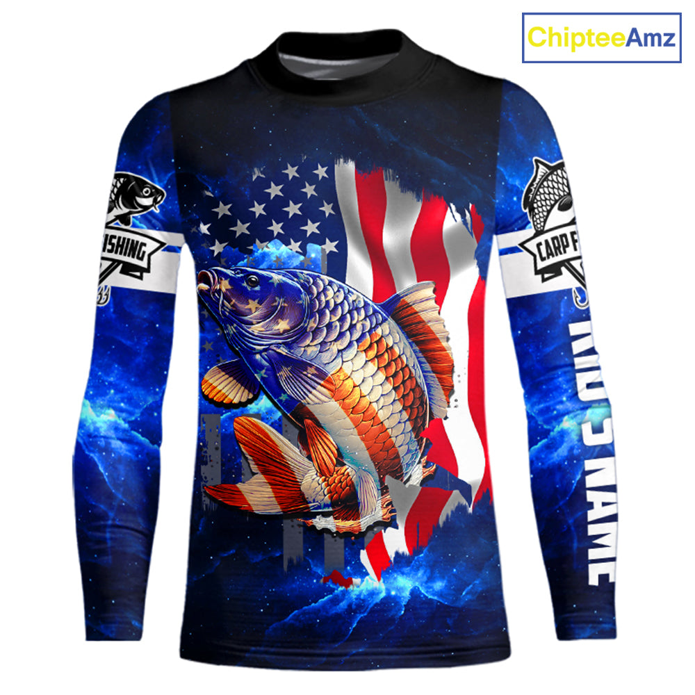 Carp Fishing blue galaxy 3D American Flag patriotic Customize name All over print fishing shirts NQS449