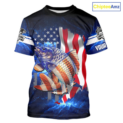 Carp Fishing blue galaxy 3D American Flag patriotic Customize name All over print fishing shirts NQS449